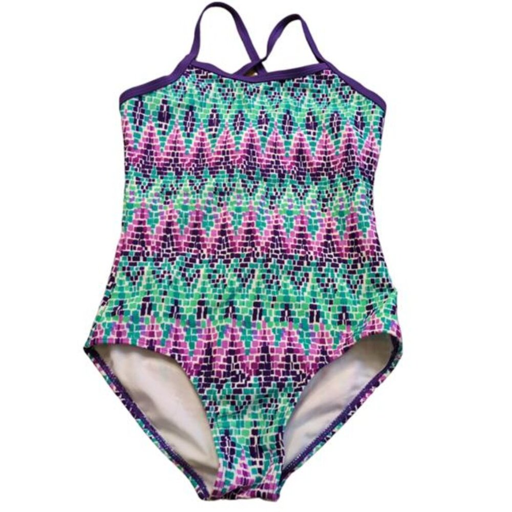 NEW Kanu Surf Layla Beach Banded 1 Piece Purple Chevron Swimsuit Girls 10